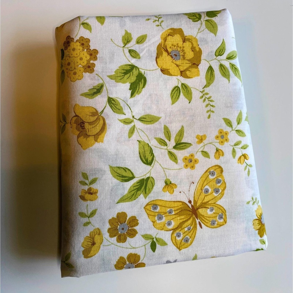 Vtg Retro Cannon Monticello Summer Day Full Flat Yellow Floral Butterfly Cottage